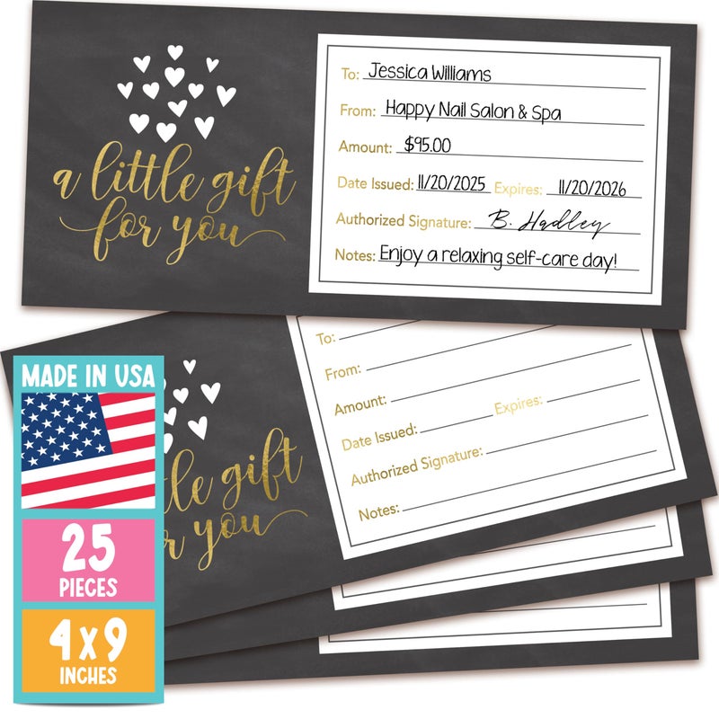 Hadley Designs 25 Blank Gift Certificates for Business â€“ 4x9 Christmas Gift Certificates Cards for Small Business, Spa, Massage, Nail & Hair Salon, Restaurant, Holidays Coupon Vouchers Made in USA - Image 1